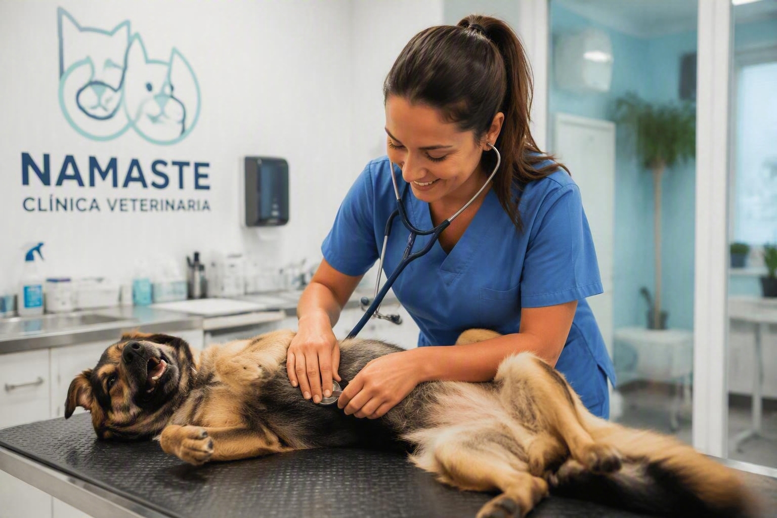 Veterinaria examinando un perro