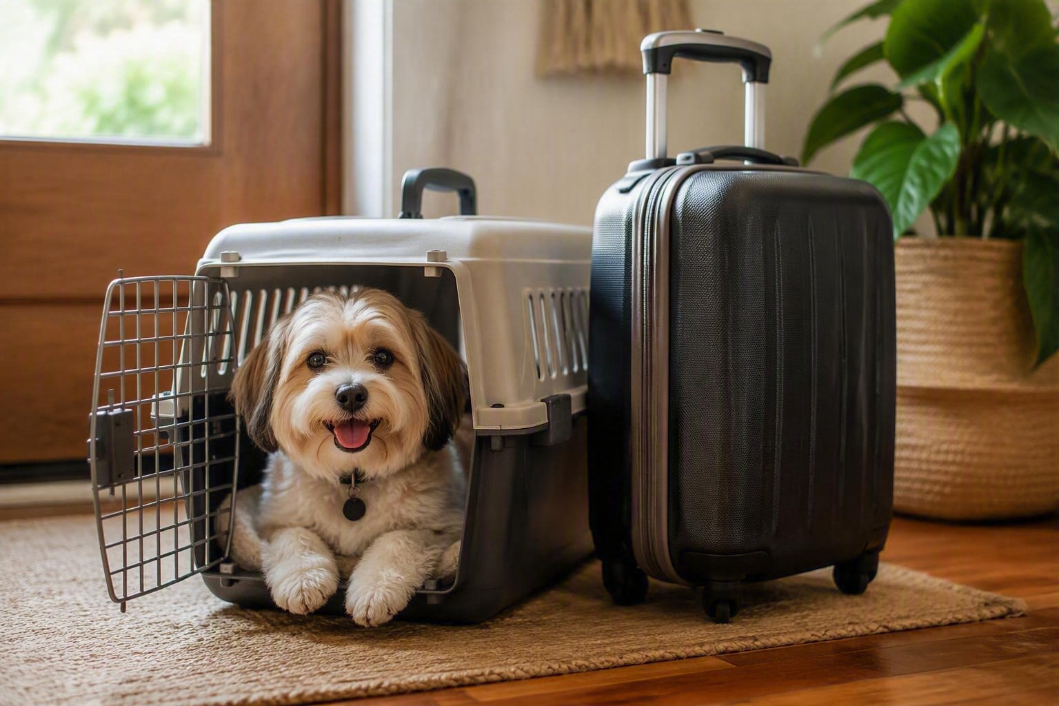 Perro en transportín listo para viajar